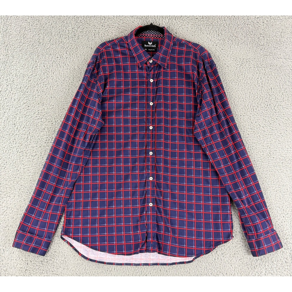 Buttercloth Button Down Shirt Men 2XL Blue Red‎ Grid Plaid Regular Long Sleeve